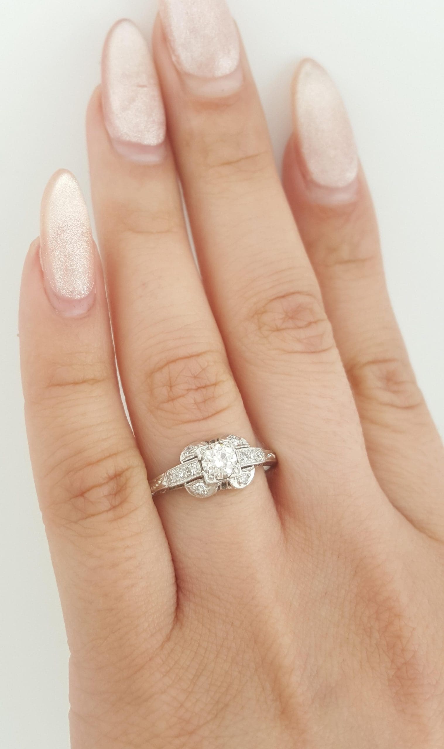 Antique Art Deco Old European Cut Diamond Engagement Ring 0.55 ct Platinum