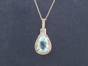 Aquamarine & Diamond Halo Pendant Necklace 10K White Gold