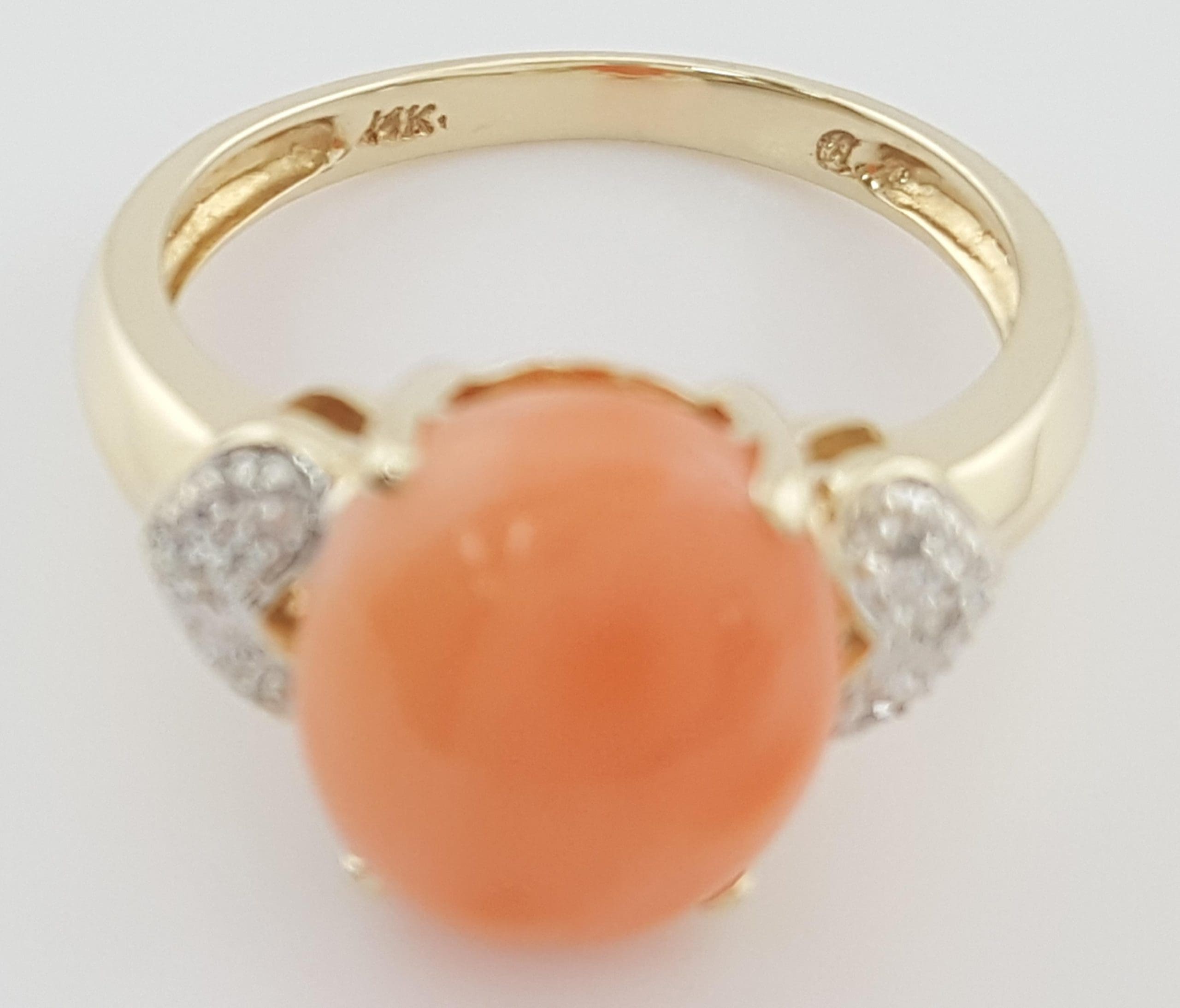 Vintage Coral Diamond Ring 14K Yellow Gold 12.2 x 10.2 mm