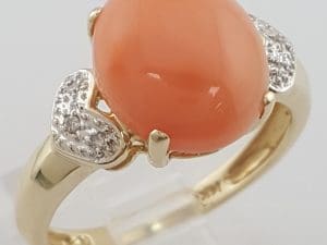 Vintage Coral Diamond Ring 14K Yellow Gold 12.2 x 10.2 mm