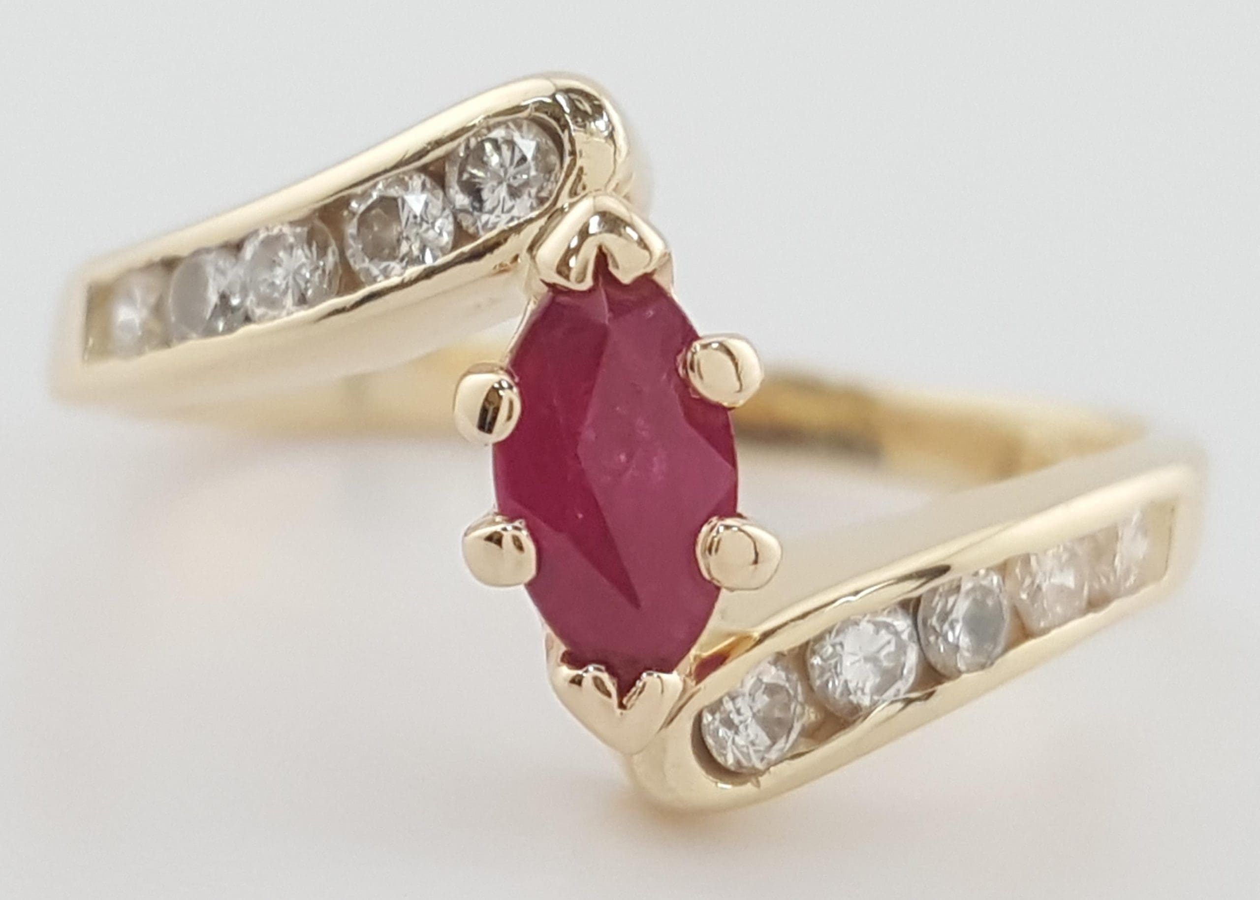 Marquise Ruby & Diamond Bypass Ring 0.6 ct 14k Yellow Gold
