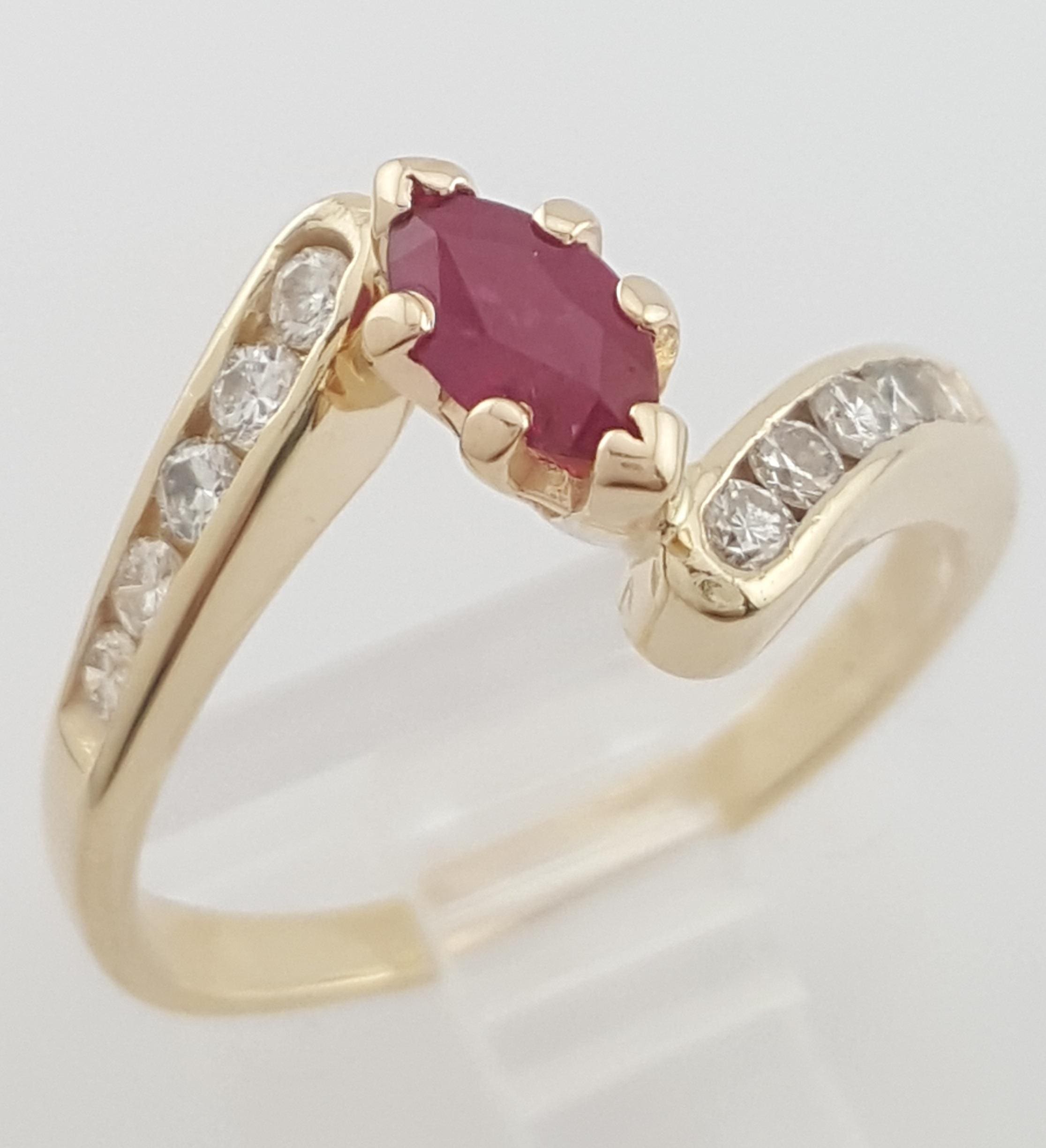 Marquise Ruby & Diamond Bypass Ring 0.6 ct 14k Yellow Gold