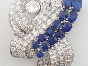 Antique Art Deco Diamond Sapphire Brooch 4.1 ct Plat & 18K Gold 1.4"