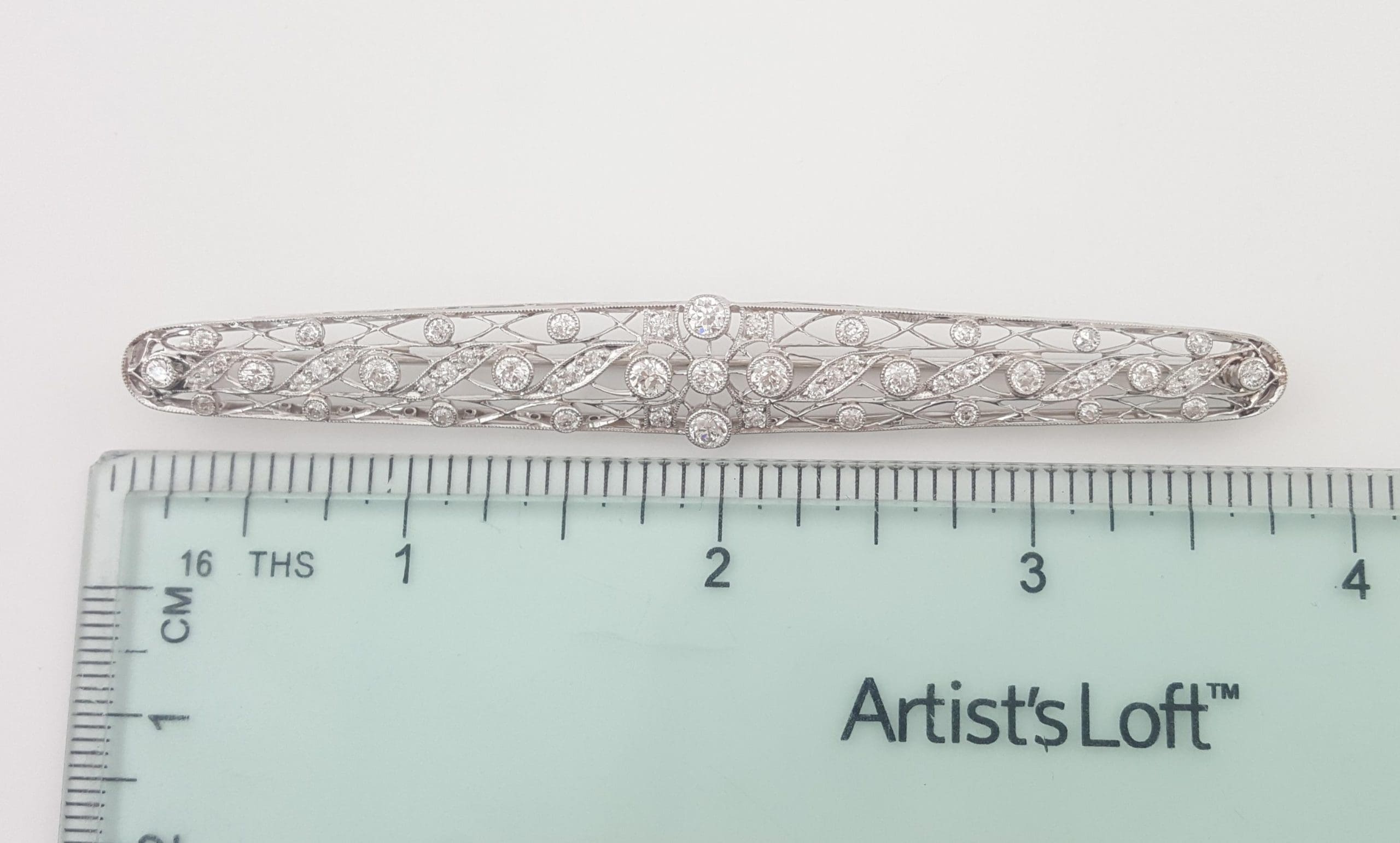 Antique Art Deco Old European Diamond Pin Brooch Platinum 2 ct 3.62"