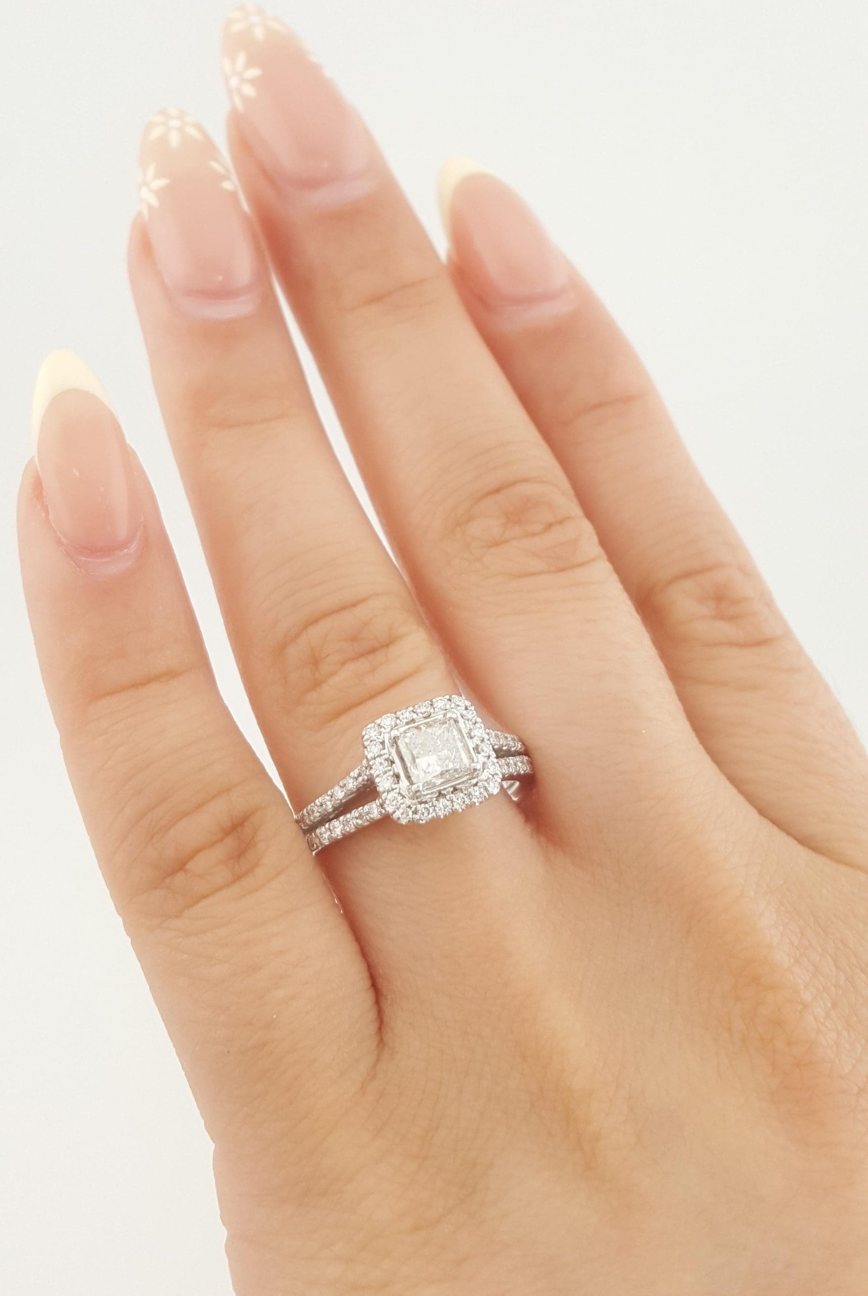 Princess Cut Diamond Halo Split Shank Engagement Ring 1.22 ct Platinum Rtl $6K