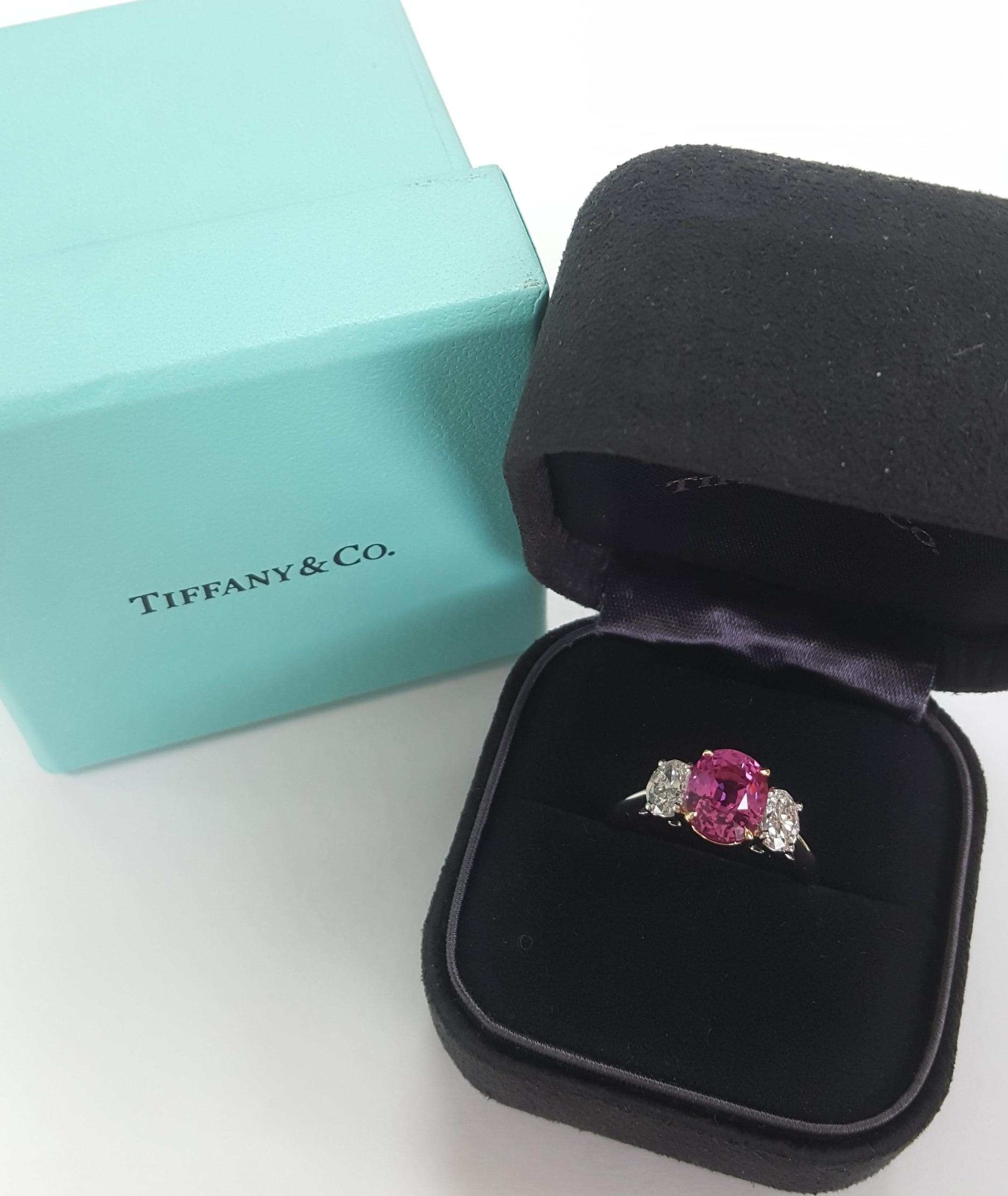 Tiffany & Co No Heat Pink Sapphire & Diamond 3 Stone Ring 3.57ct Plat 18k