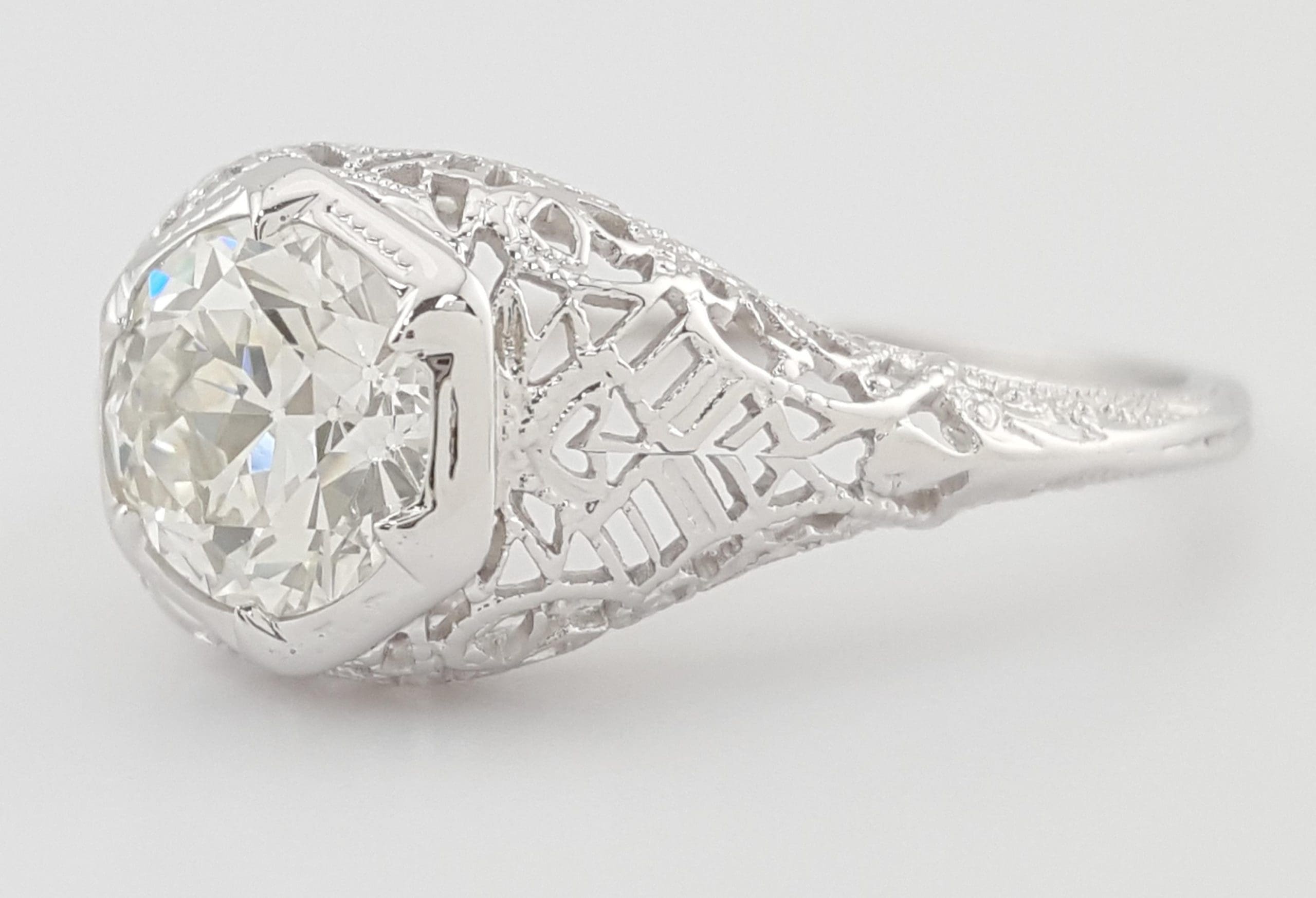 Art Deco Old European Cut Diamond Solitaire Engagement Ring 1.12 ct 18k Gold GIA