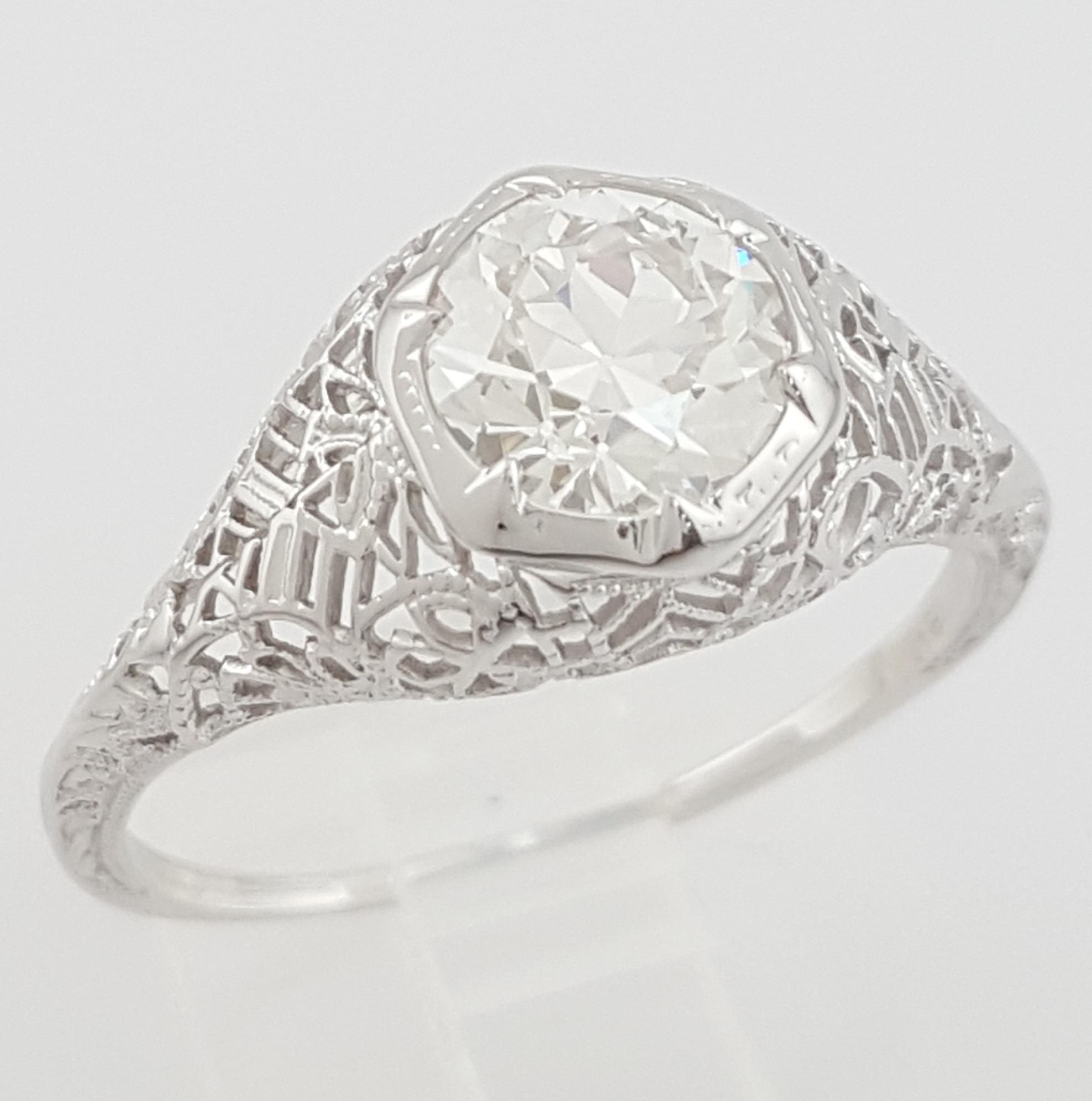 Art Deco Old European Cut Diamond Solitaire Engagement Ring 1.12 ct 18k Gold GIA
