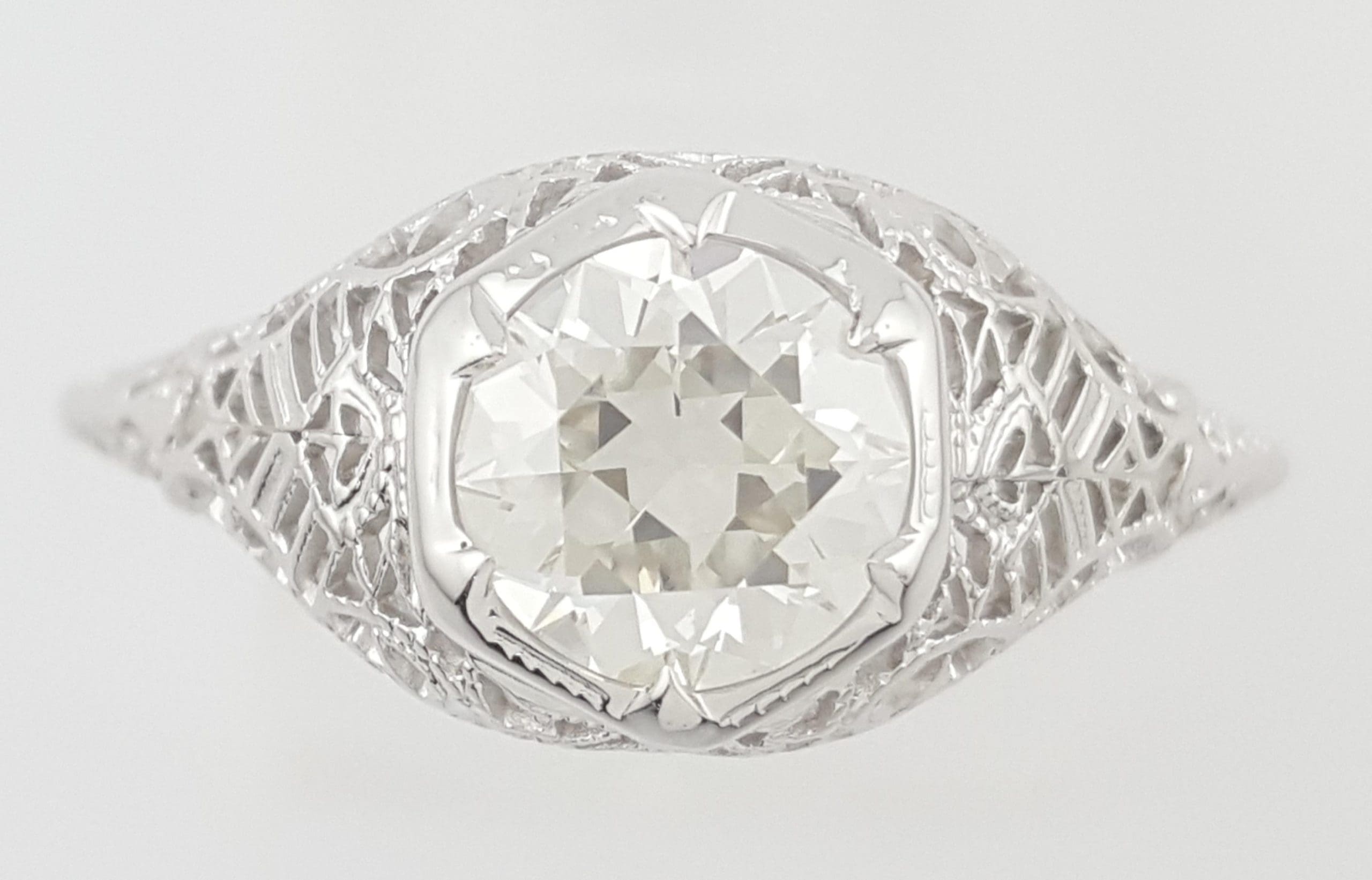 Art Deco Old European Cut Diamond Solitaire Engagement Ring 1.12 ct 18k Gold GIA