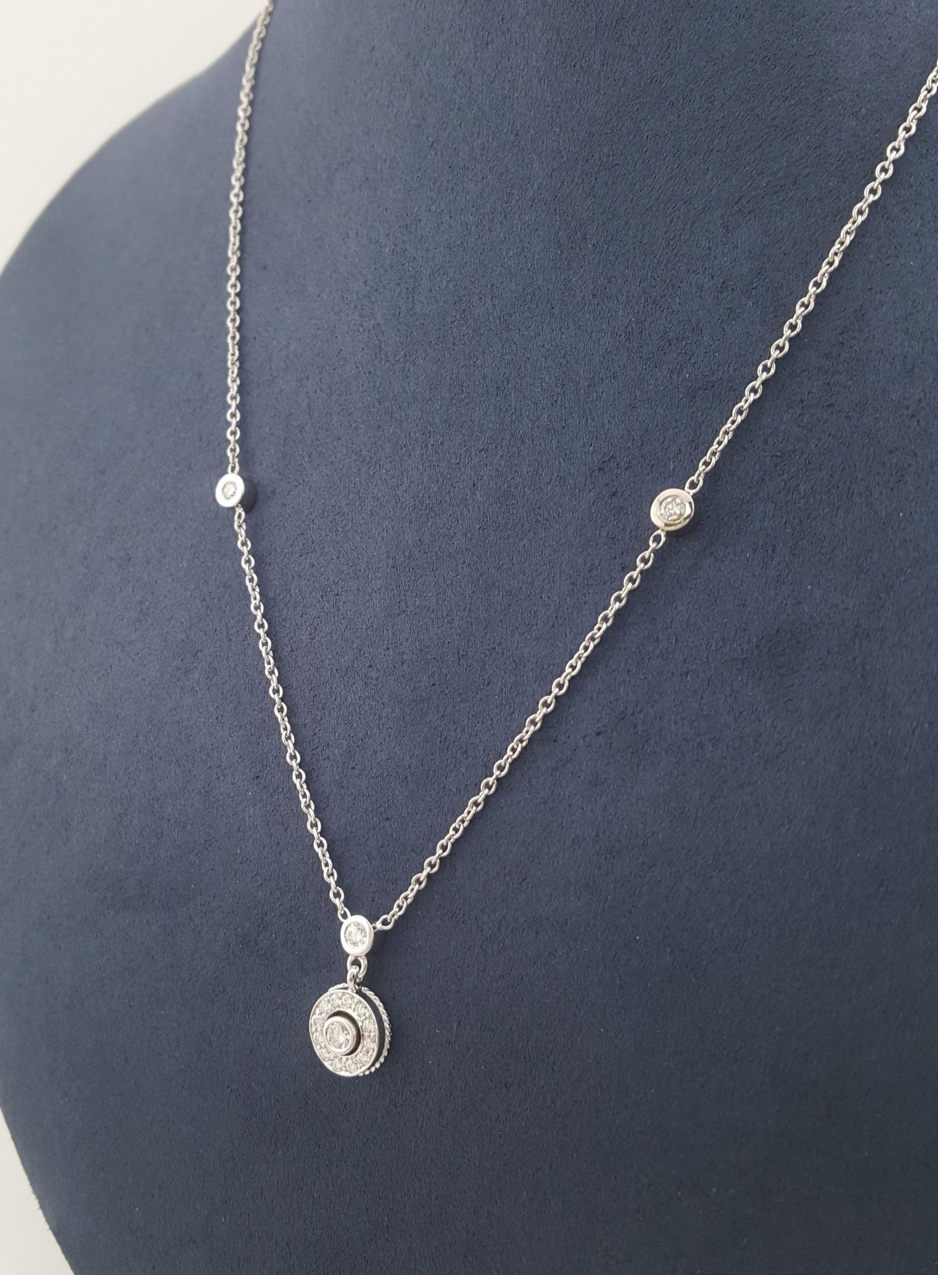 Round Brilliant Diamond Halo Station Necklace 18K White Gold 0.42 ct Retail $3K