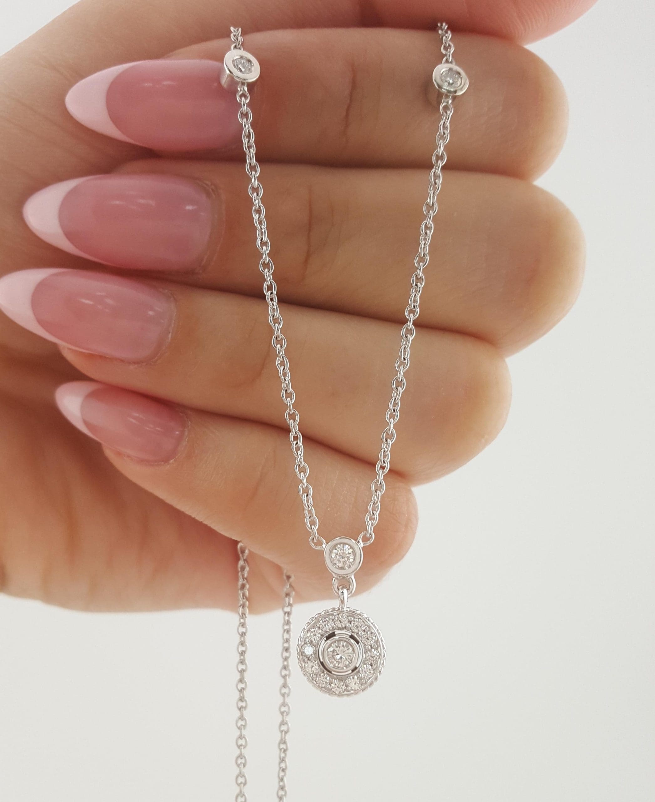 Round Brilliant Diamond Halo Station Necklace 18K White Gold 0.42 ct Retail $3K