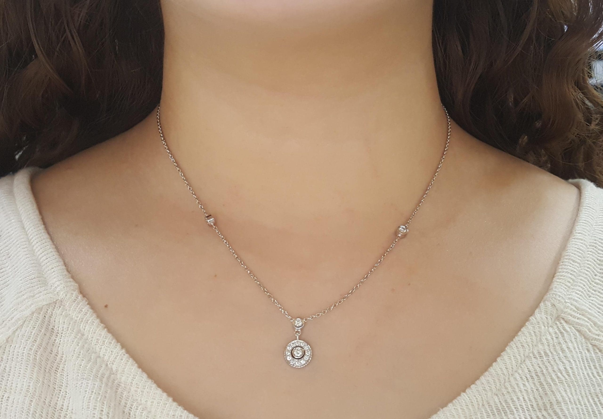 Round Brilliant Diamond Halo Station Necklace 18K White Gold 0.42 ct Retail $3K