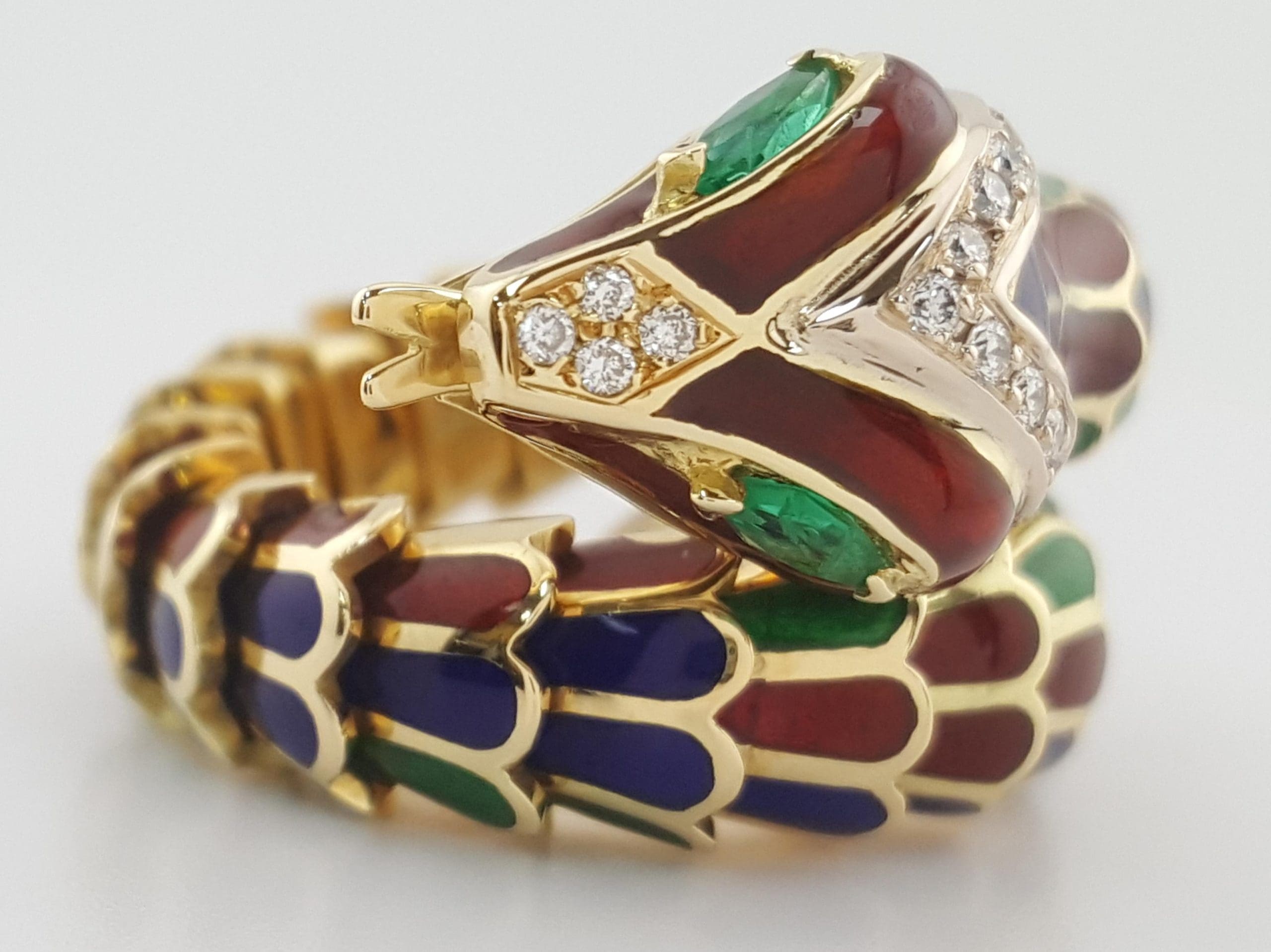 Enamel Diamond Emerald Snake Viper Flex Ring 18K Gold Italy 21.5 Grams