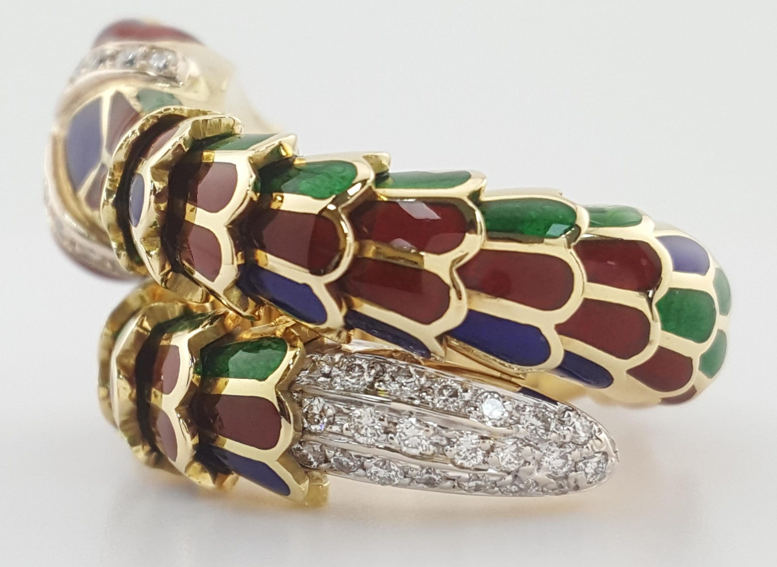 Enamel Diamond Emerald Snake Viper Flex Ring 18K Gold Italy 21.5 Grams