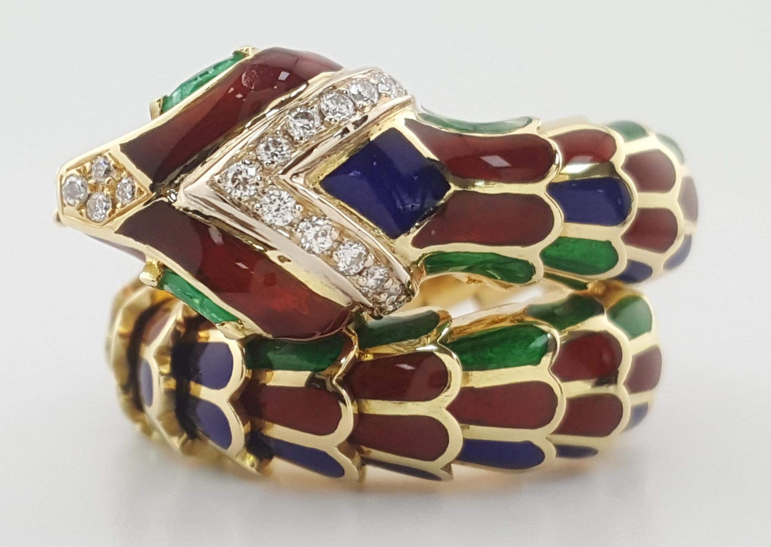 Enamel Diamond Emerald Snake Viper Flex Ring 18K Gold Italy 21.5 Grams