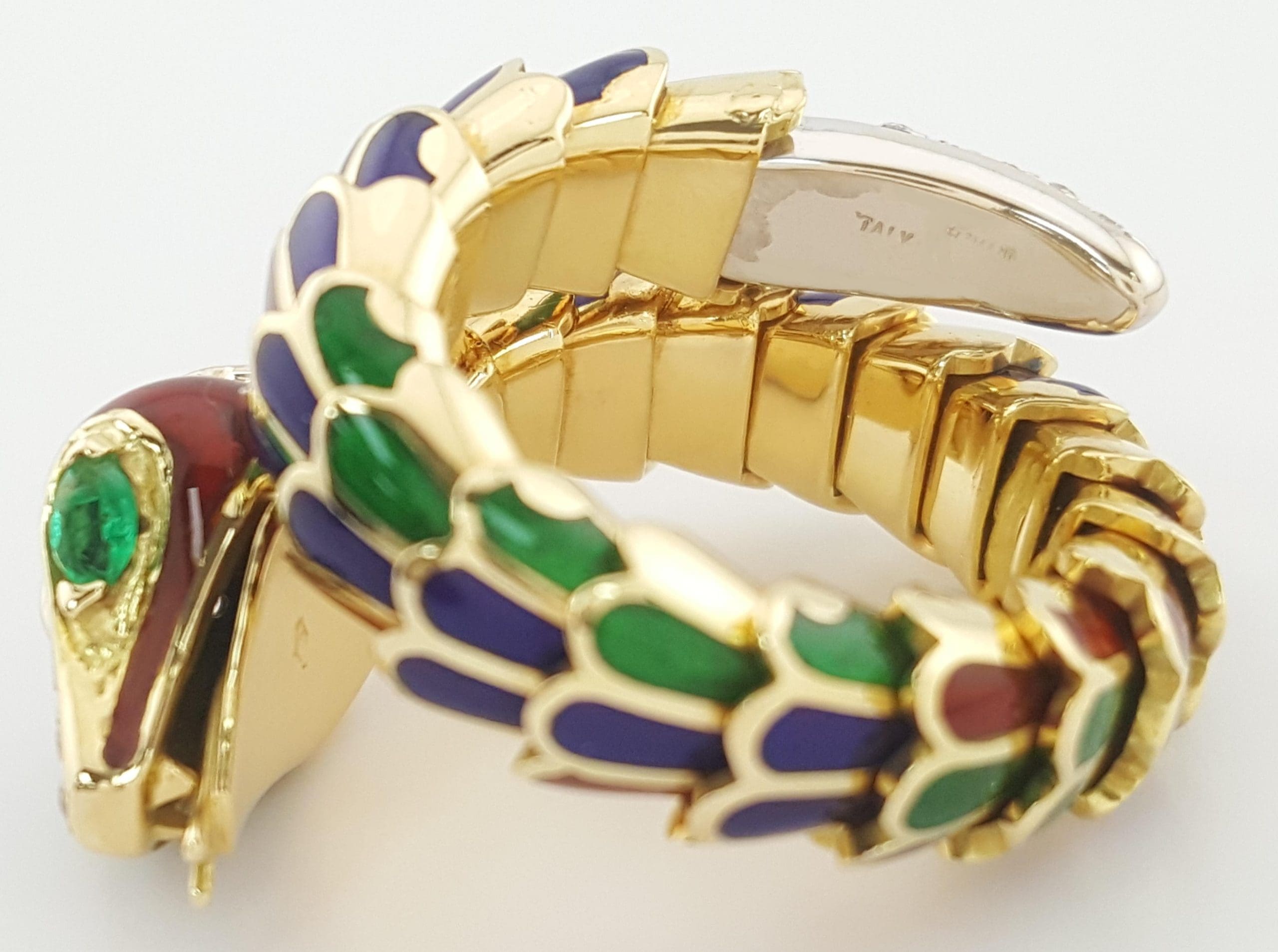 Enamel Diamond Emerald Snake Viper Flex Ring 18K Gold Italy 21.5 Grams