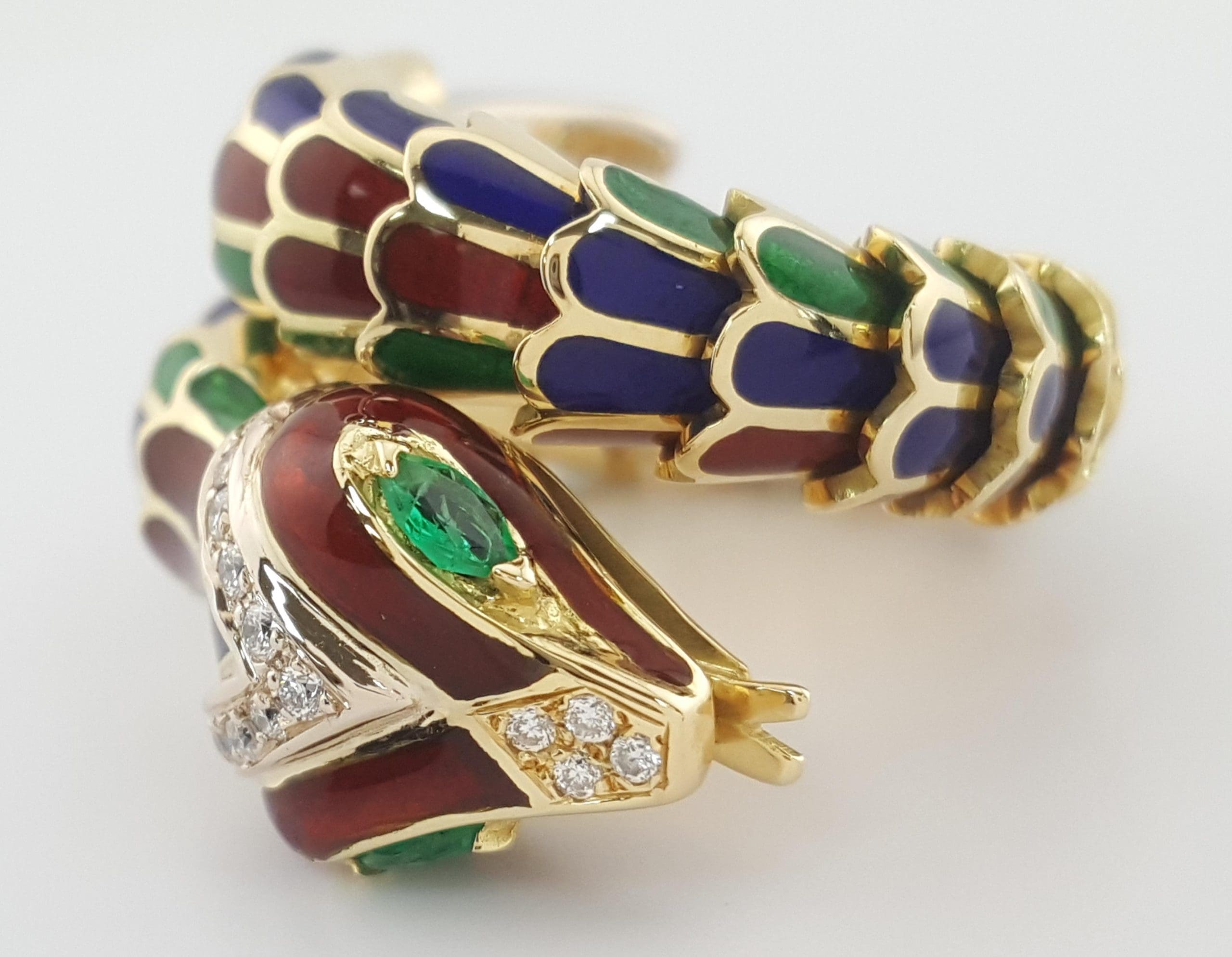 Enamel Diamond Emerald Snake Viper Flex Ring 18K Gold Italy 21.5 Grams