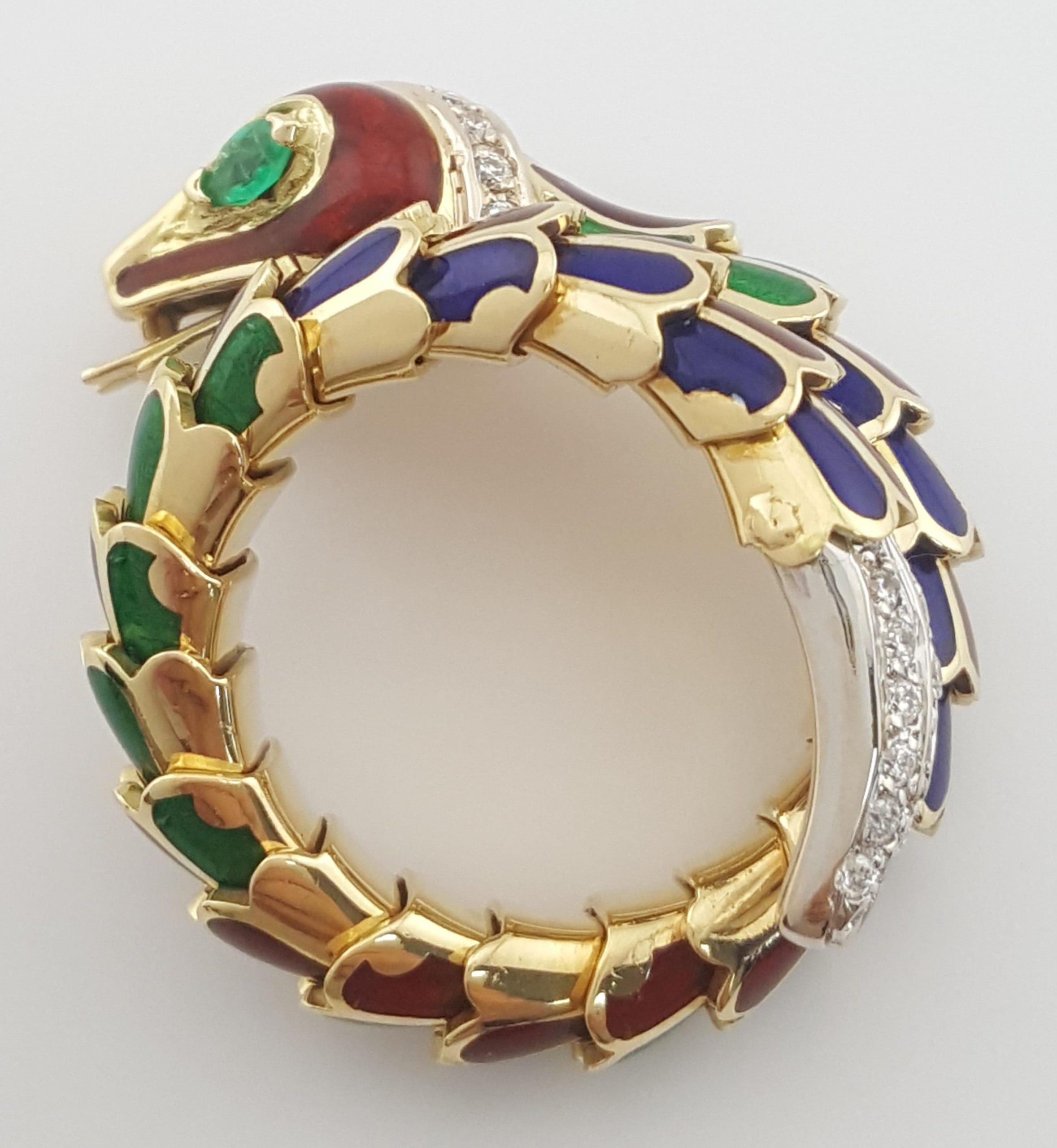 Enamel Diamond Emerald Snake Viper Flex Ring 18K Gold Italy 21.5 Grams