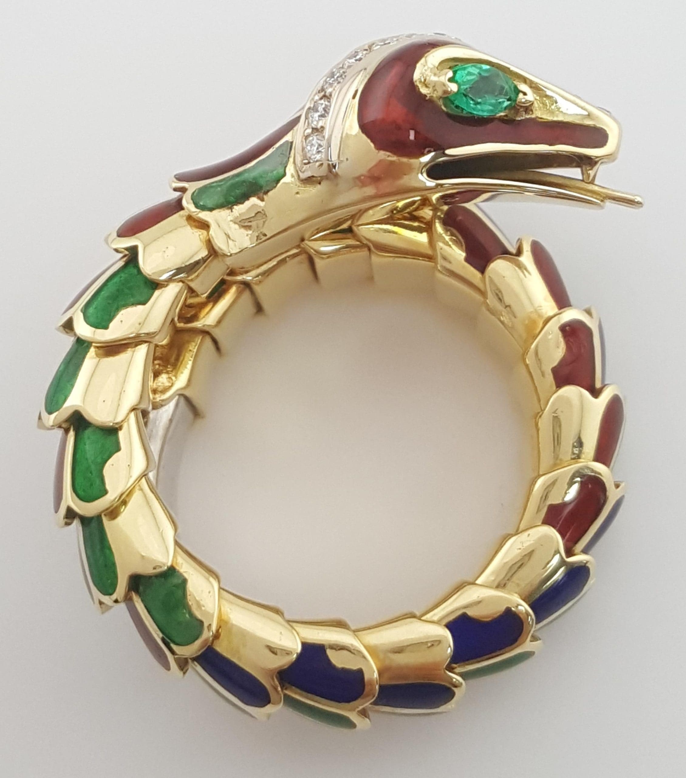 Enamel Diamond Emerald Snake Viper Flex Ring 18K Gold Italy 21.5 Grams