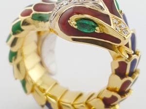 Enamel Diamond Emerald Snake Viper Flex Ring 18K Gold Italy 21.5 Grams