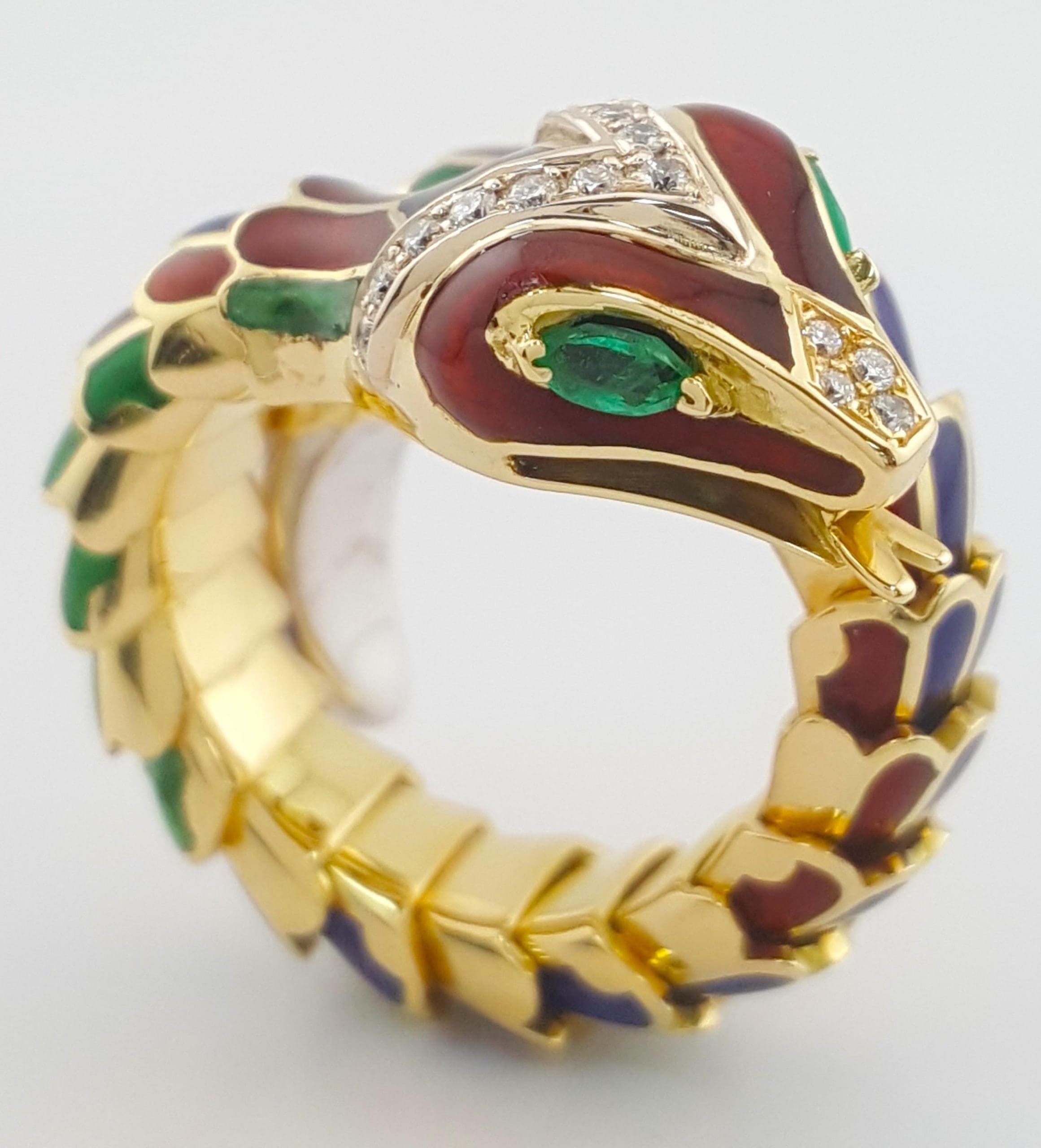 Enamel Diamond Emerald Snake Viper Flex Ring 18K Gold Italy 21.5 Grams