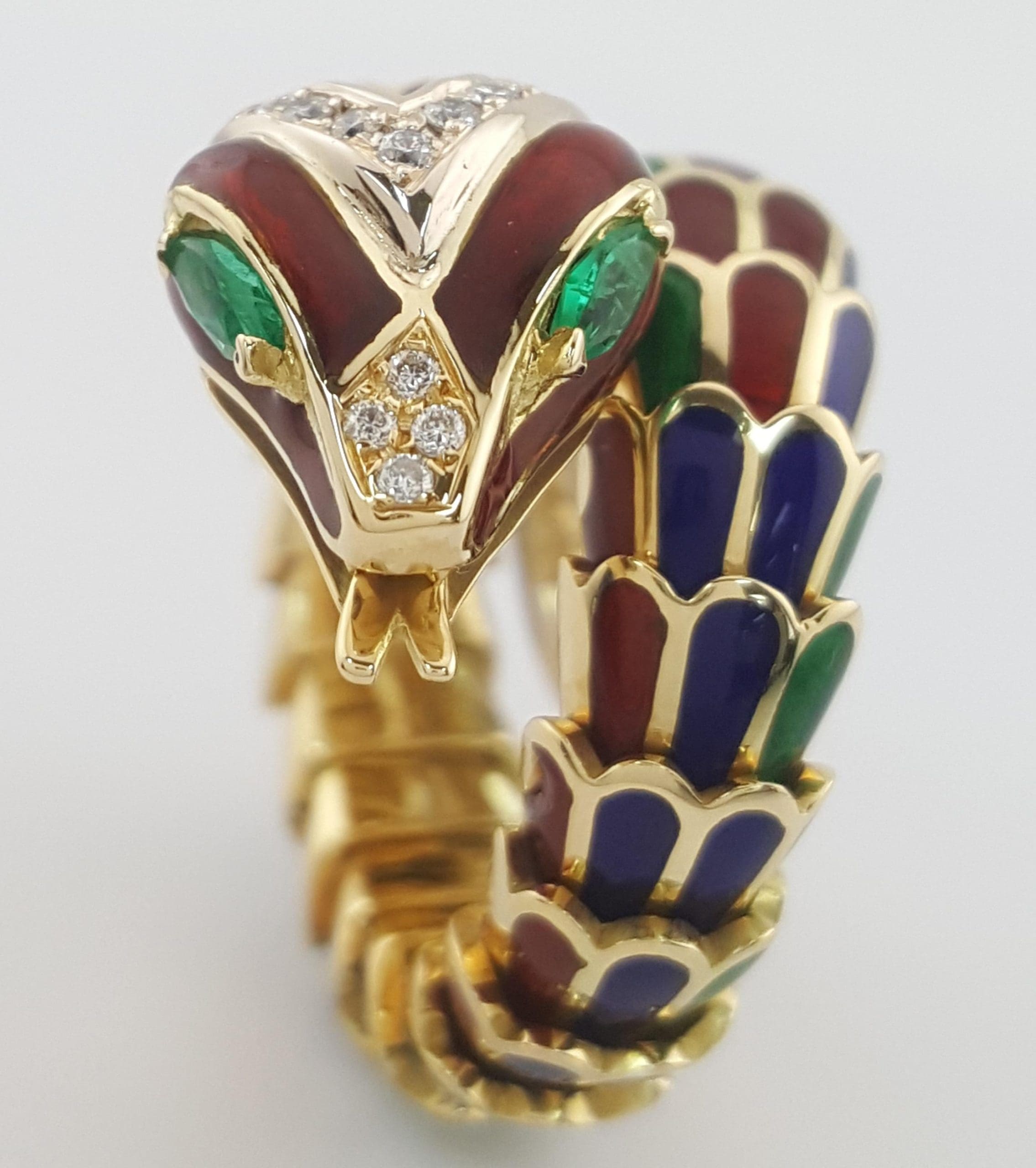Enamel Diamond Emerald Snake Viper Flex Ring 18K Gold Italy 21.5 Grams