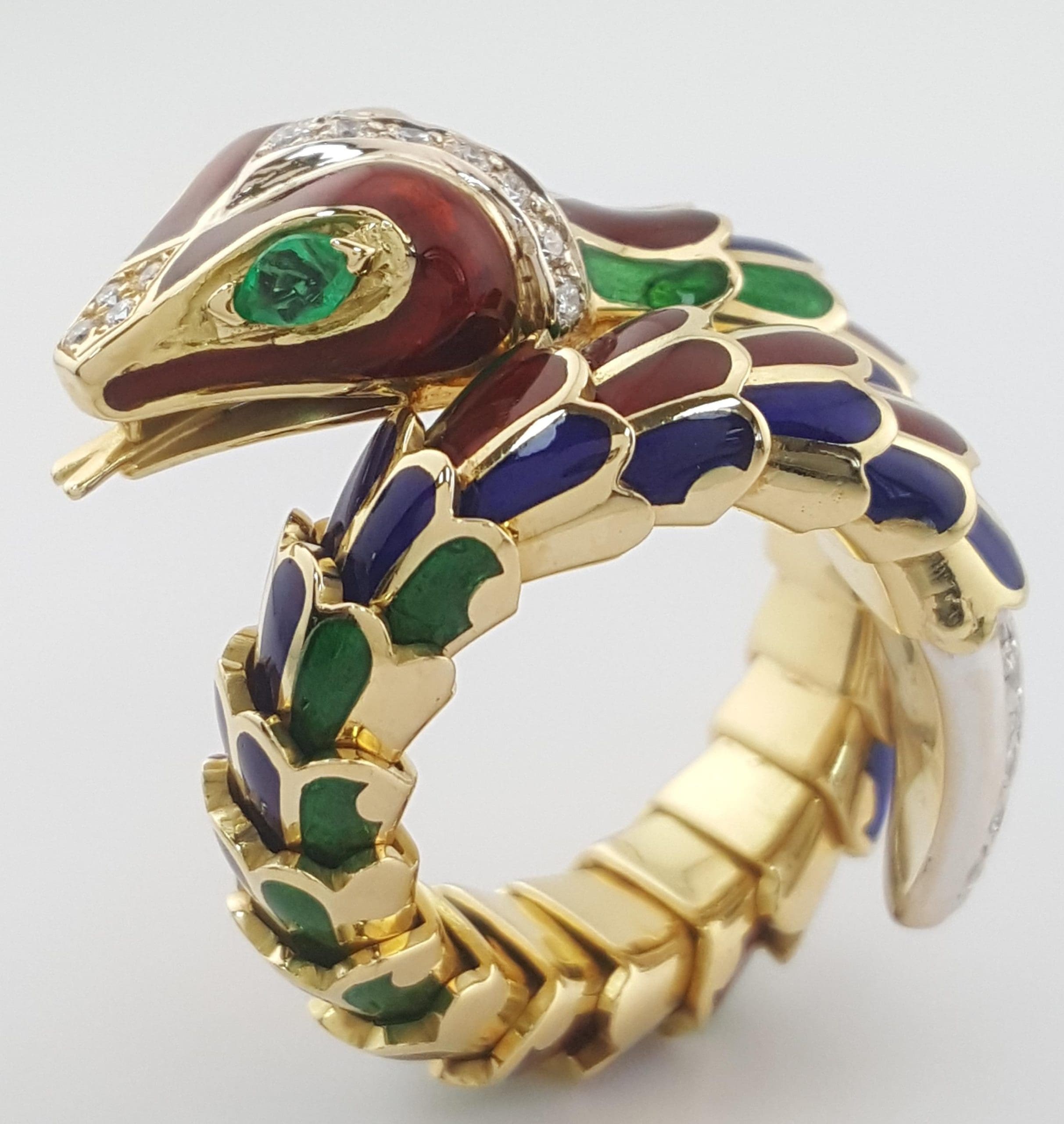 Enamel Diamond Emerald Snake Viper Flex Ring 18K Gold Italy 21.5 Grams