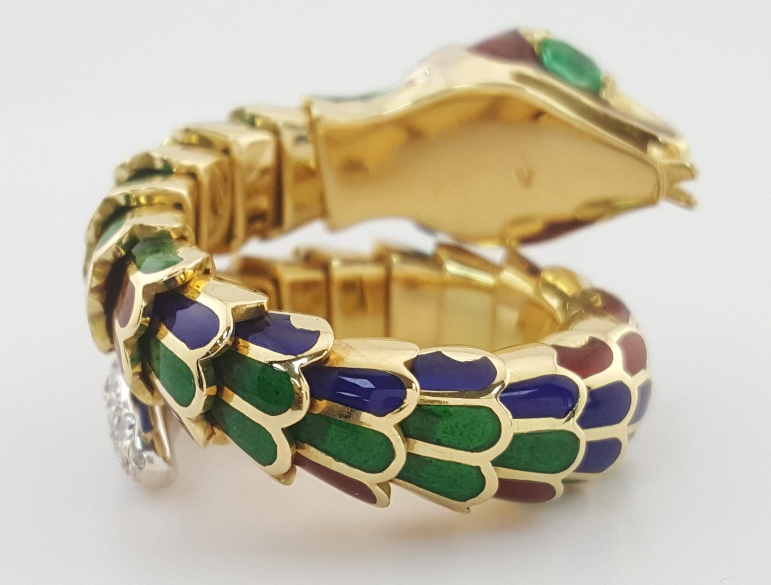 Enamel Diamond Emerald Snake Viper Flex Ring 18K Gold Italy 21.5 Grams