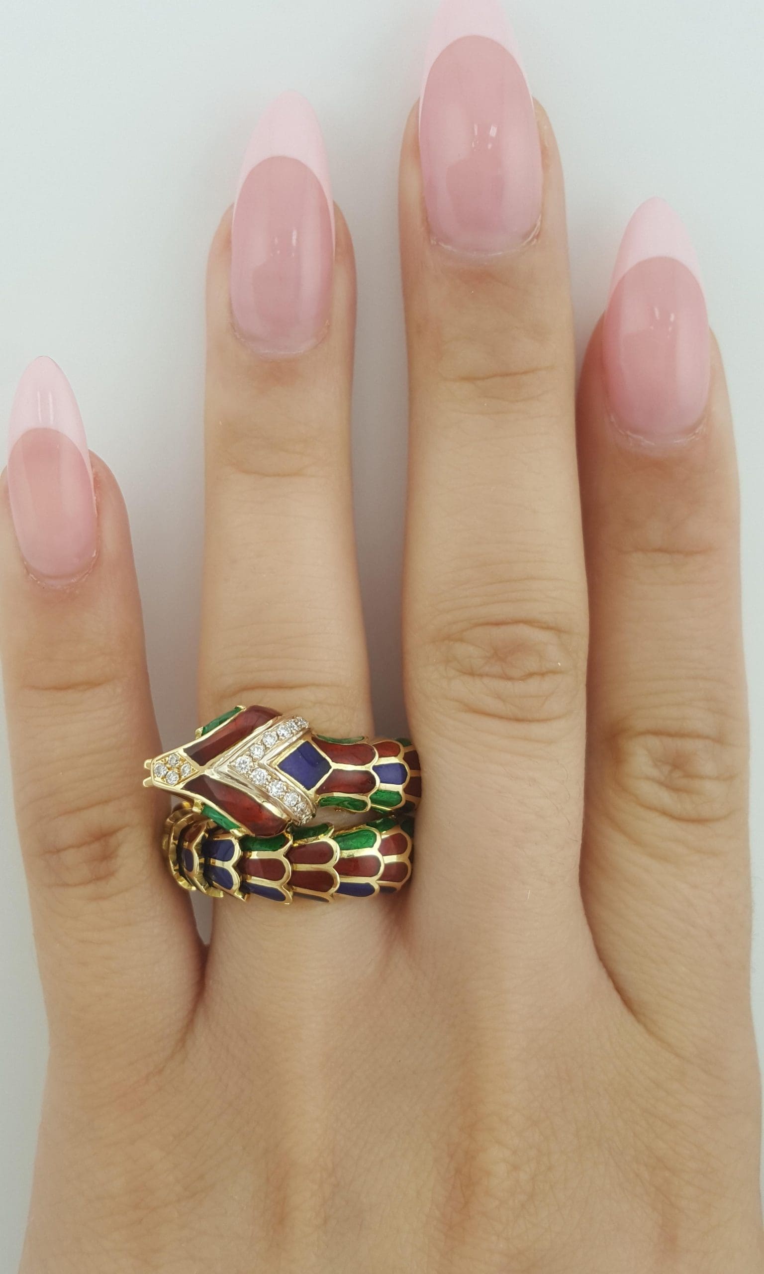 Enamel Diamond Emerald Snake Viper Flex Ring 18K Gold Italy 21.5 Grams