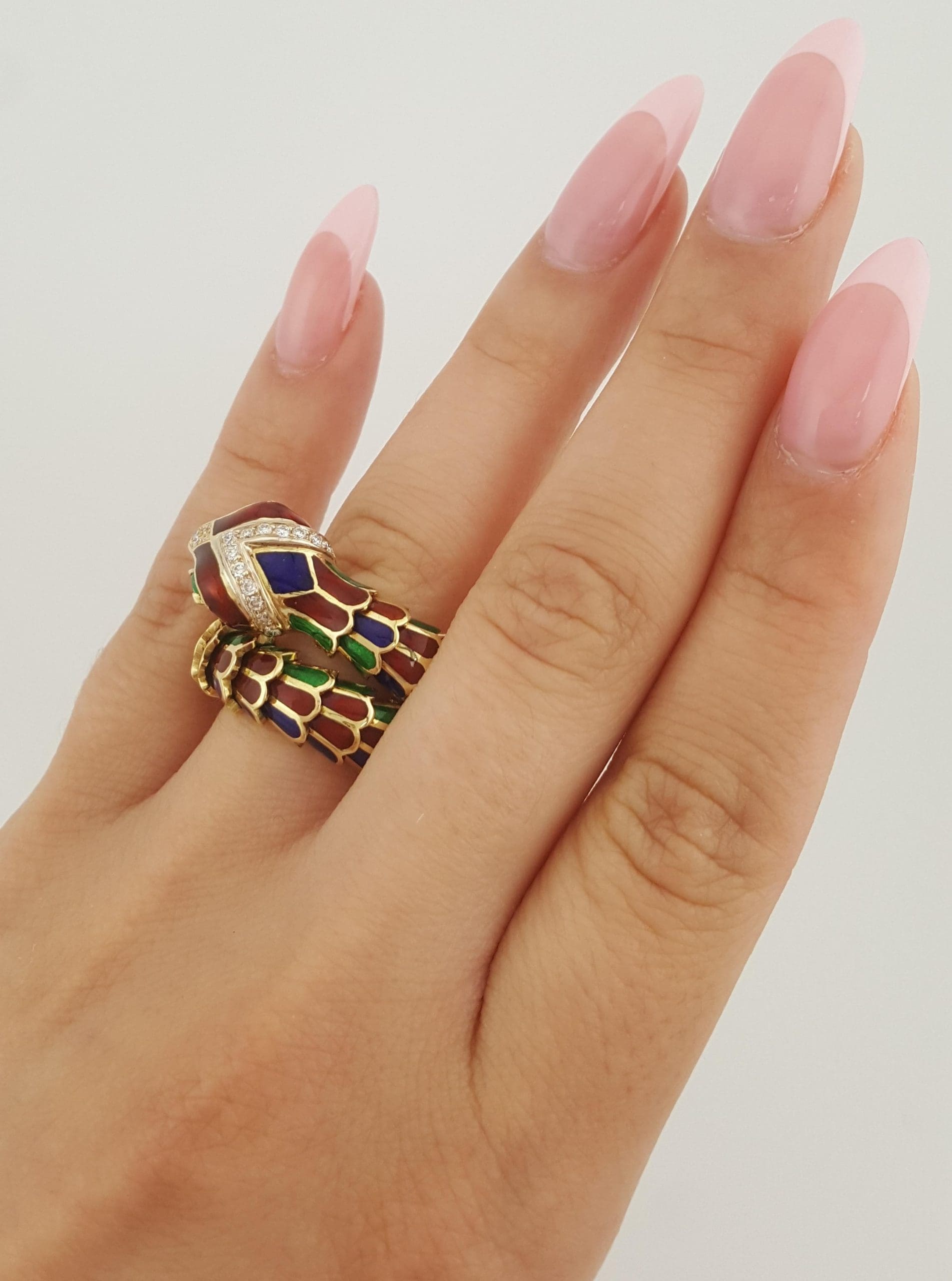 Enamel Diamond Emerald Snake Viper Flex Ring 18K Gold Italy 21.5 Grams