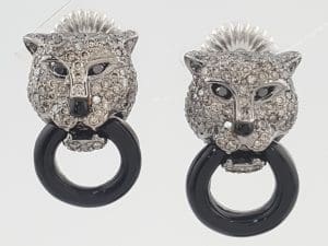 Panther Stud Earrings Diamond & Onyx 1.26 ct 18k White Gold 10 Grams 21.2mm