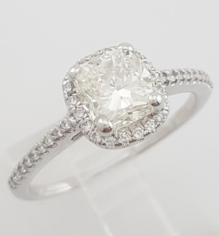 Cushion Diamond Halo Engagement Ring 1.71 ct 14k White Gold Retail $9K