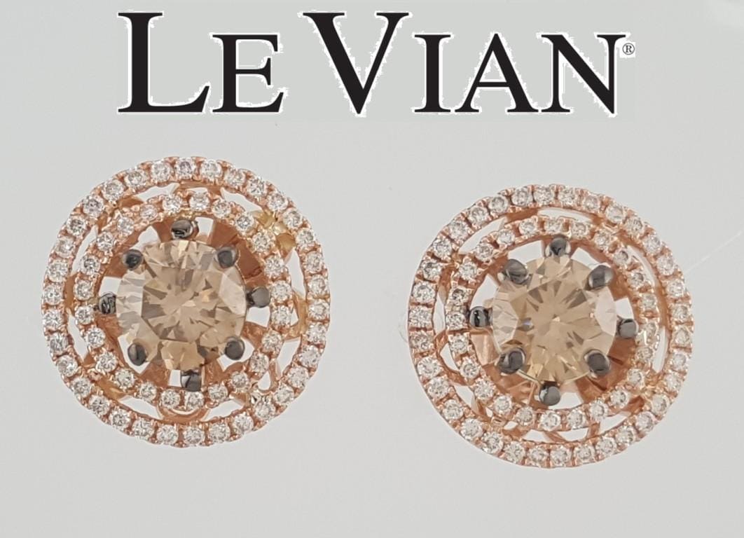 LeVian Le Vian Chocolate Diamond Double Halo Earrings 14k Strawberry Gold 2.12ct