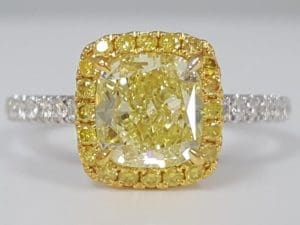 Fancy Yellow Cushion Halo Diamond Engagement Ring 1.89ct 18k 2-Tone Gold Rt $25K