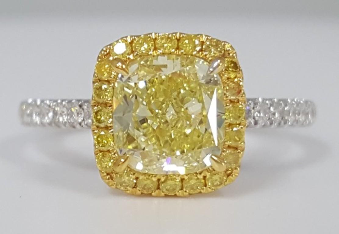 Fancy Yellow Cushion Halo Diamond Engagement Ring 1.89ct 18k 2-Tone Gold Rt $25K