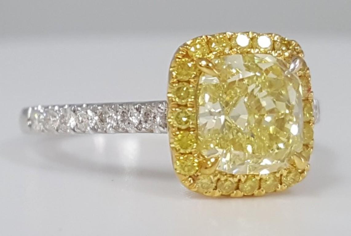 Fancy Yellow Cushion Halo Diamond Engagement Ring 1.89ct 18k 2-Tone Gold Rt $25K