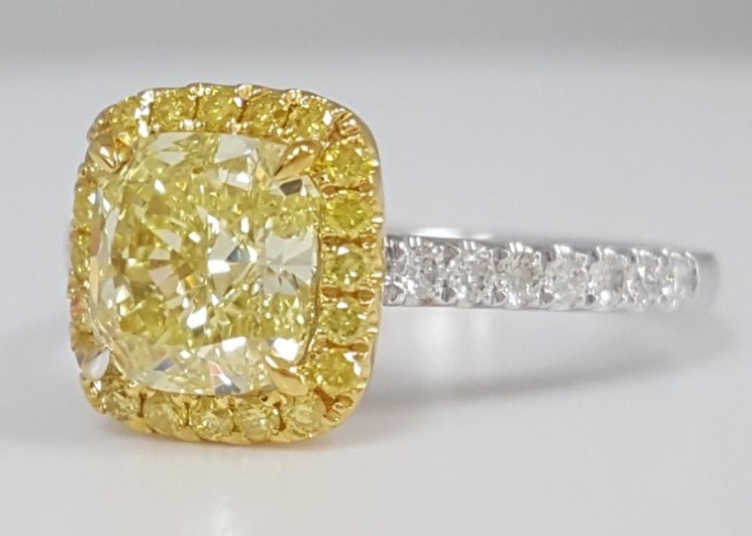Fancy Yellow Cushion Halo Diamond Engagement Ring 1.89ct 18k 2-Tone Gold Rt $25K