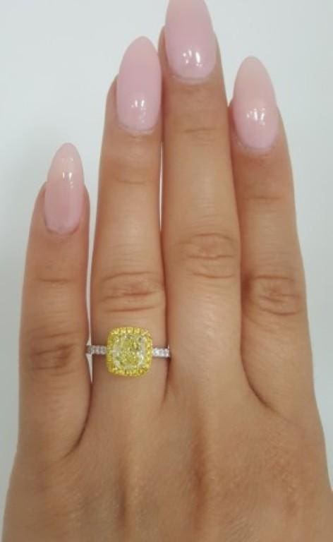 Fancy Yellow Cushion Halo Diamond Engagement Ring 1.89ct 18k 2-Tone Gold Rt $25K