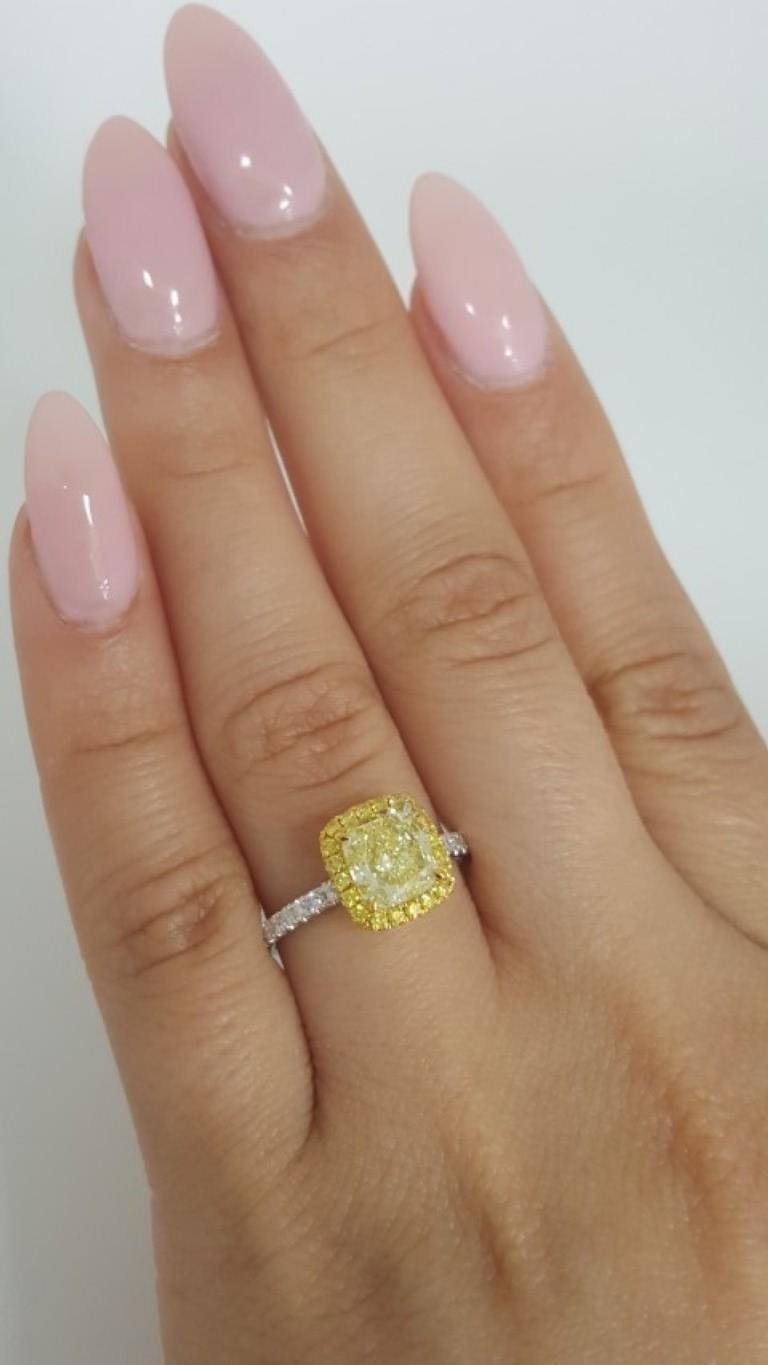 Fancy Yellow Cushion Halo Diamond Engagement Ring 1.89ct 18k 2-Tone Gold Rt $25K