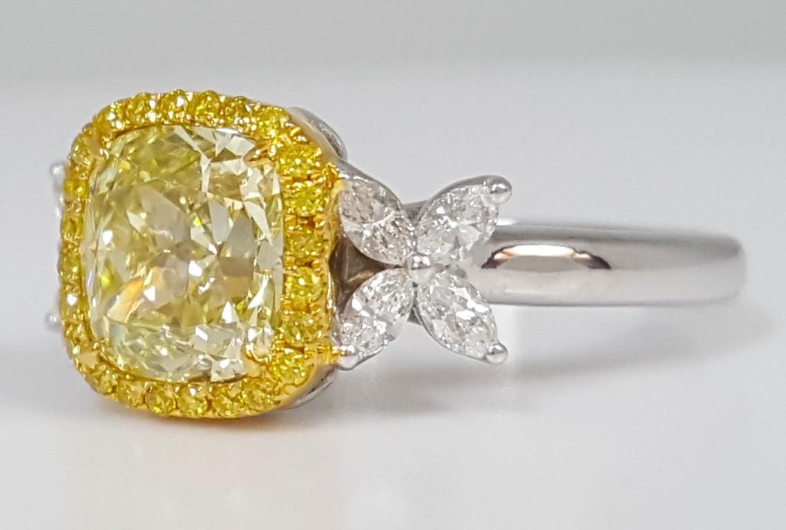 Cushion Fancy Light Yellow Diamond Halo Engagement Ring 2.7 ct GIA Retail $27K