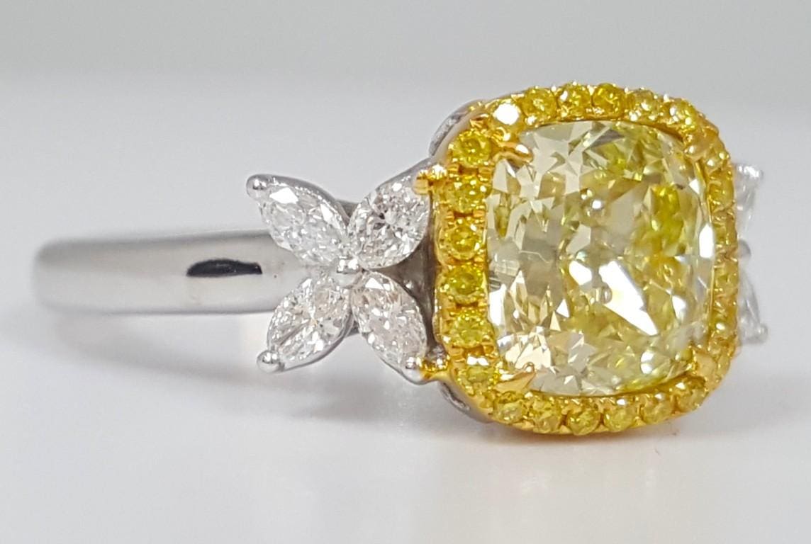 Cushion Fancy Light Yellow Diamond Halo Engagement Ring 2.7 ct GIA Retail $27K