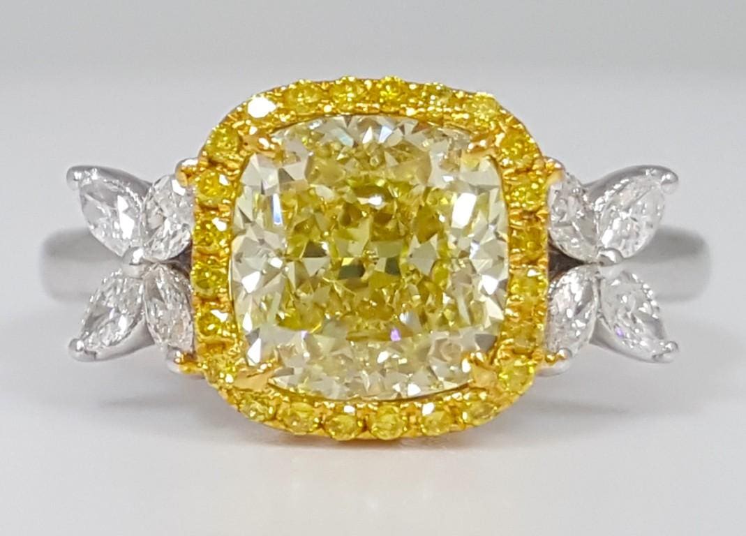 Cushion Fancy Light Yellow Diamond Halo Engagement Ring 2.7 ct GIA Retail $27K