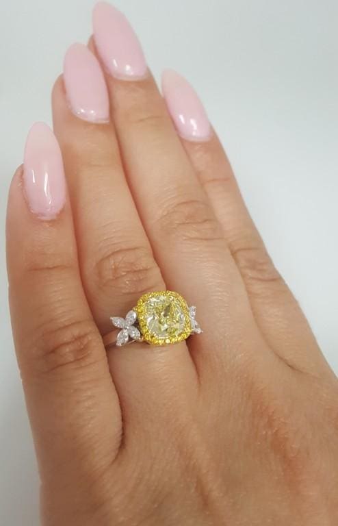 Cushion Fancy Light Yellow Diamond Halo Engagement Ring 2.7 ct GIA Retail $27K