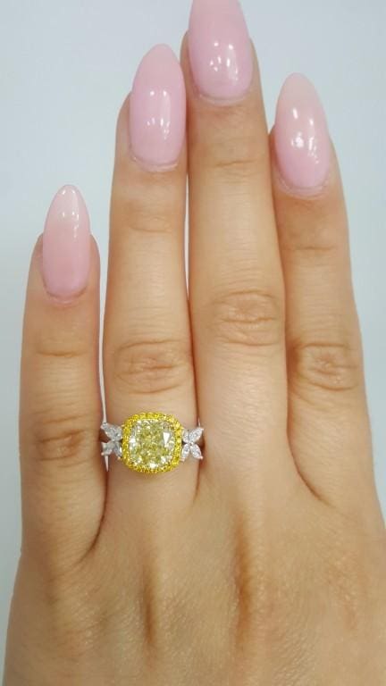 Cushion Fancy Light Yellow Diamond Halo Engagement Ring 2.7 ct GIA Retail $27K