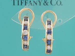 Tiffany & Co Round Diamond & Sapphire 1.36 ct 18K Yellow Gold Omega Earrings