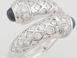 Cabochon Sapphire & Round Diamond Bypass Ring 2.6 ct 18K White Gold 14 mm