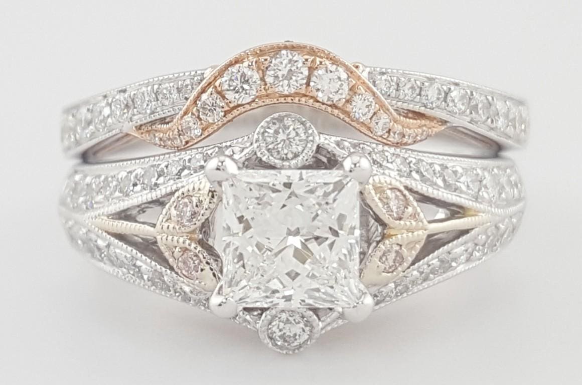 Supreme Princess Diamond Engagement Ring Set 1.63 ct 18K 2-Tone Gold Retail $9K
