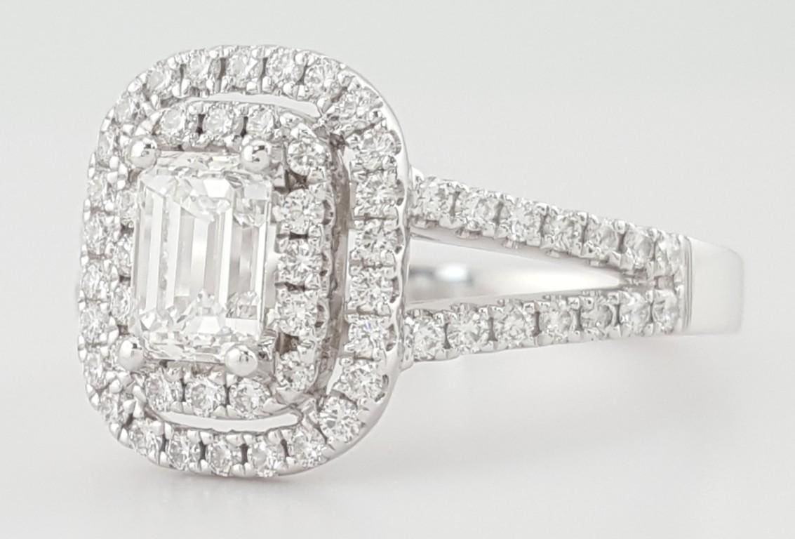 Emerald Diamond Double Halo Split Shank Engagement Ring 1.4 ct Platinum Rtl $7K