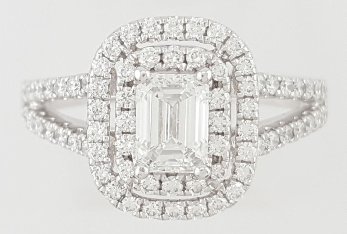 Emerald Diamond Double Halo Split Shank Engagement Ring 1.4 ct Platinum Rtl $7K