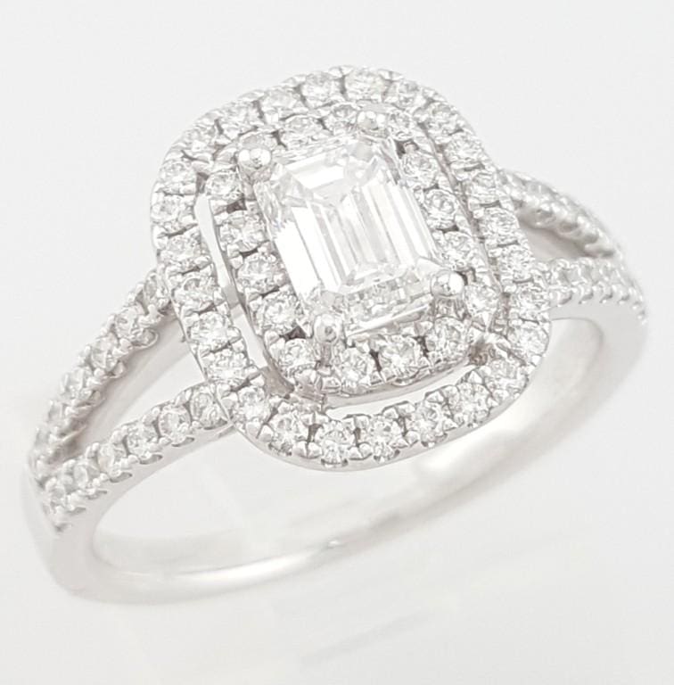 Emerald Diamond Double Halo Split Shank Engagement Ring 1.4 ct Platinum Rtl $7K